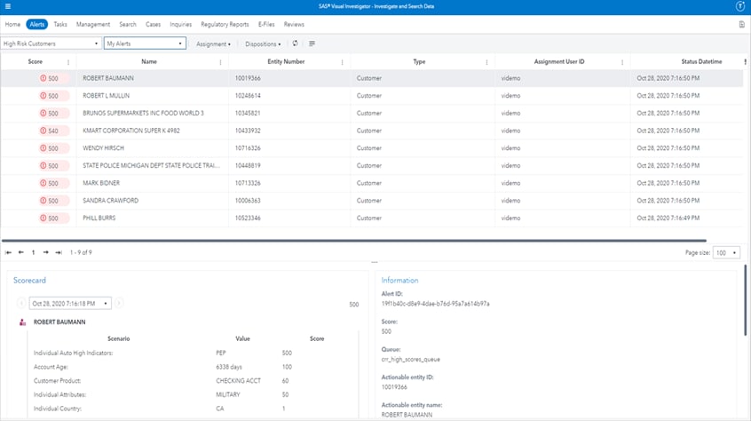 Screenshot of SAS Customer Due Diligence showing a risk-based approach to customer monitoring