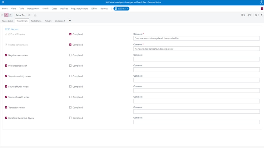 Screenshot of SAS Customer Due Diligence performing efficient investigations