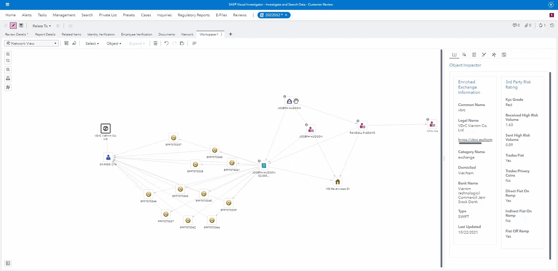 SAS Financial Crimes Analytics showing network analytics on desktop monitor