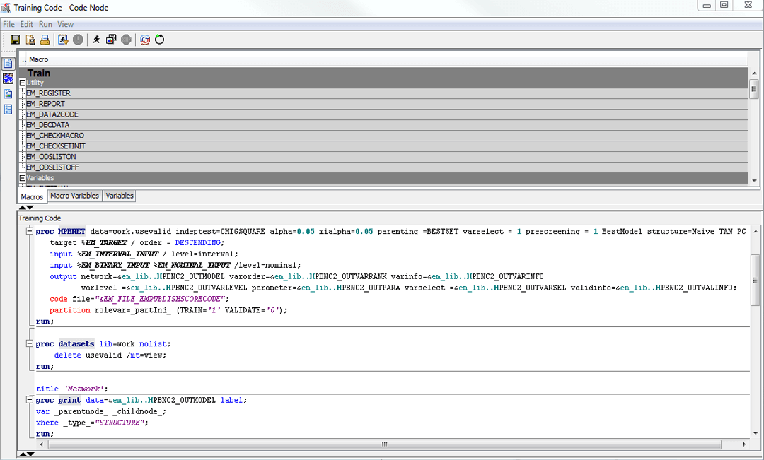 Screenshot of SAS Enterprise Miner showing code node