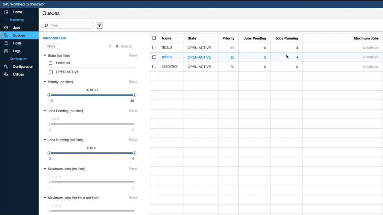 Screenshot of SAS Workload Management Queues