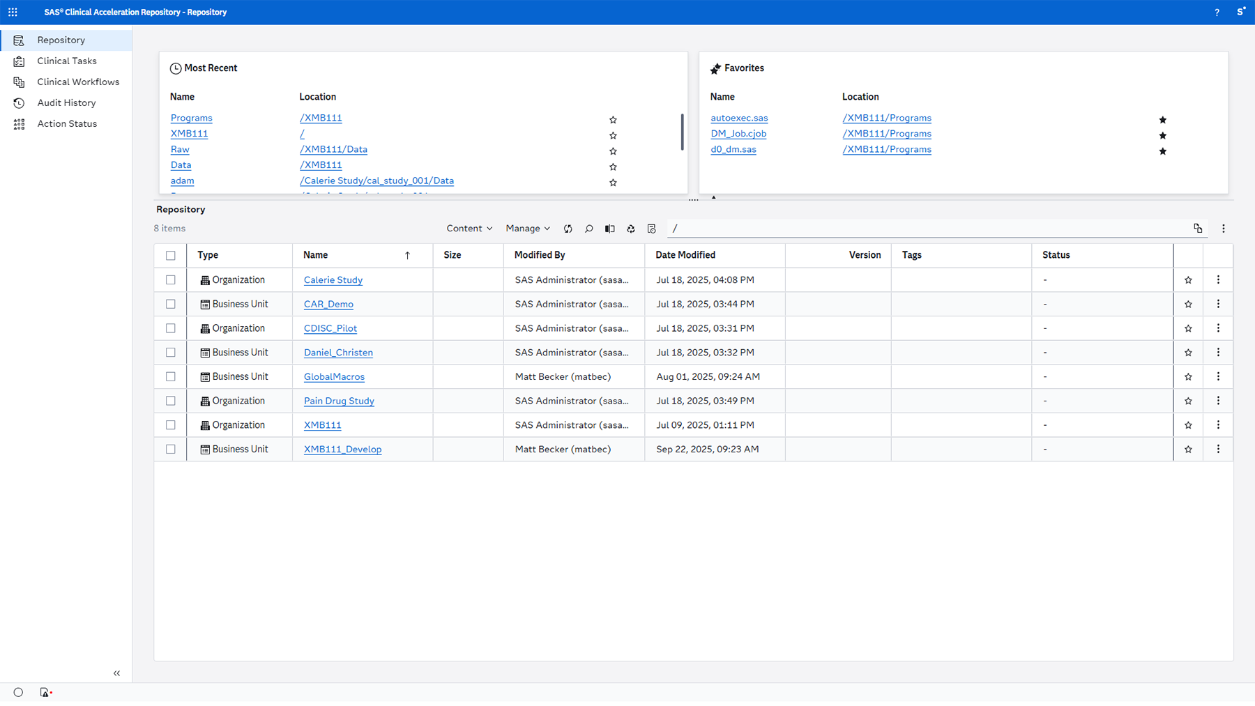 SAS Health Clinical Acceleration - repository homepage Screenshot of SAS Health Clinical Acceleration - repository homepage