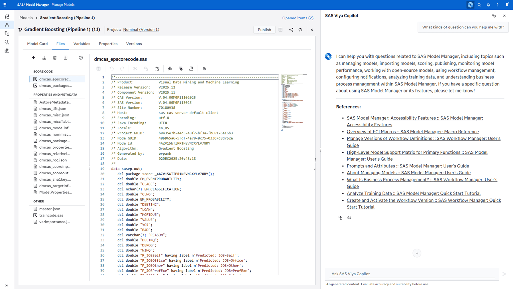 Screenshot of SAS Viya Copilot showing documentation RAG